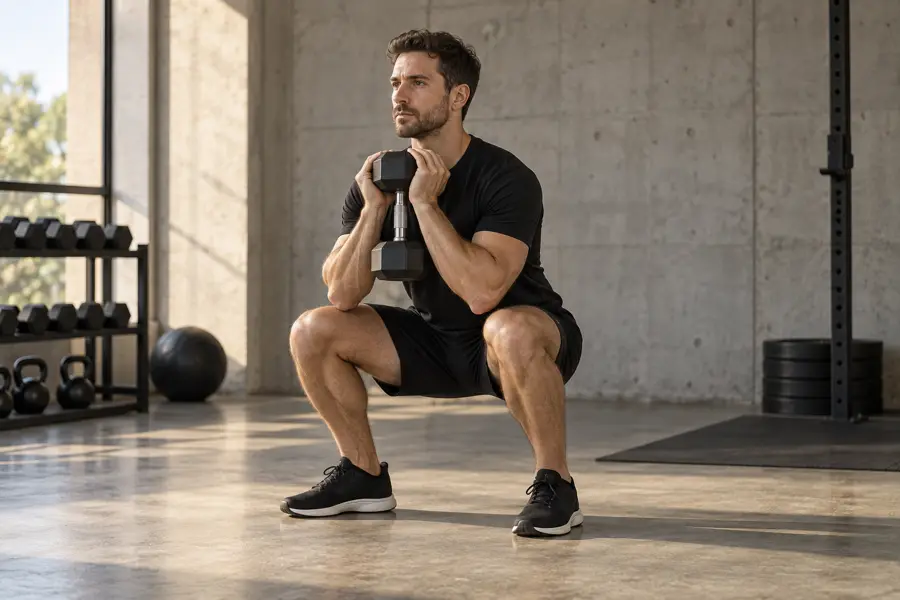 An athlete performing a goblet squat